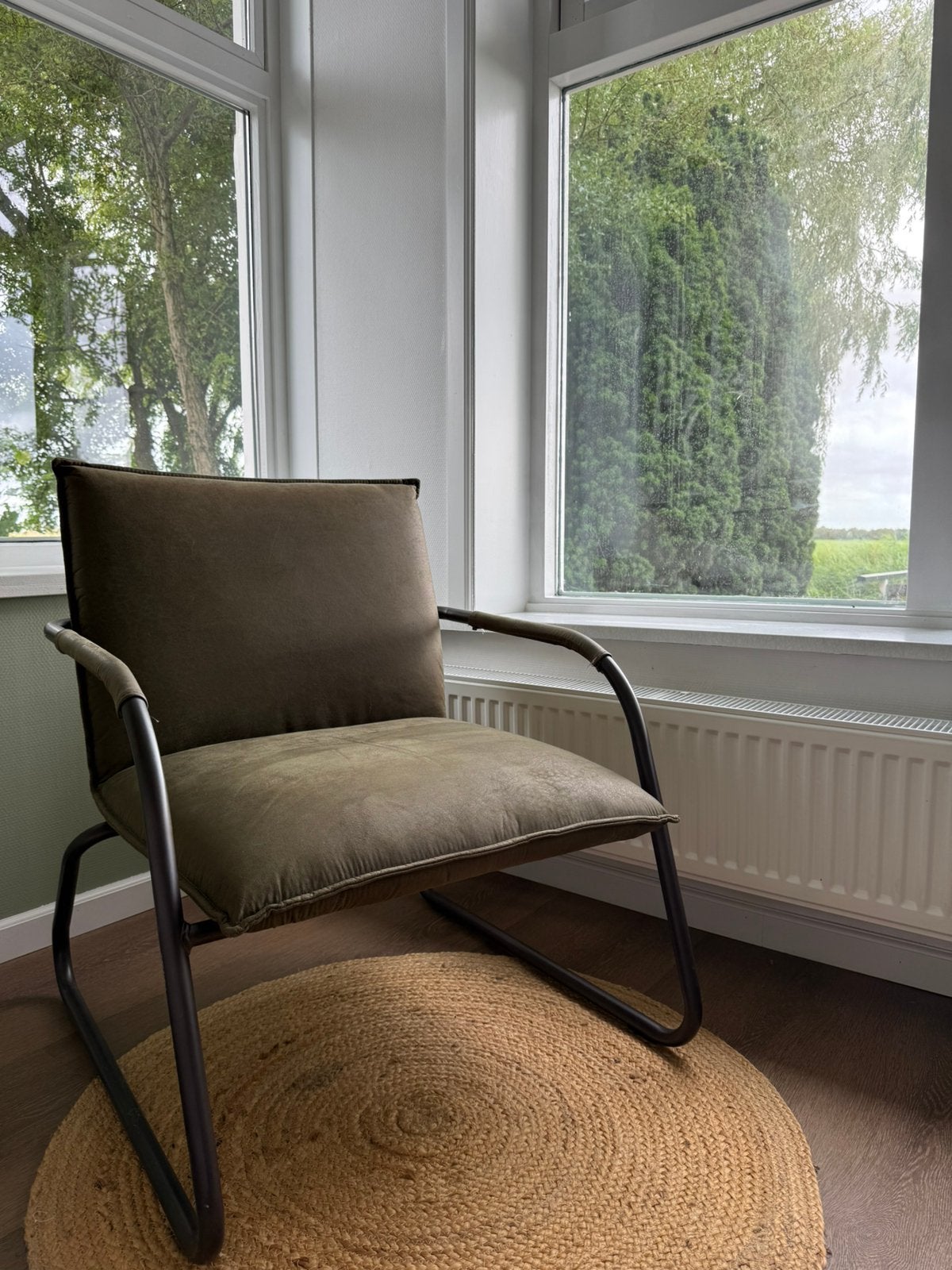 Groene leren fauteuil, Huis en Inrichting, Stoelen, Ophalen, Zo goed als nieuw
