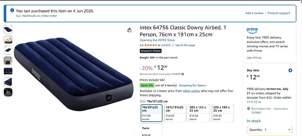 Air Mattress Single, Ophalen, Ingebouwde pomp, Zo goed als nieuw, 1-persoons