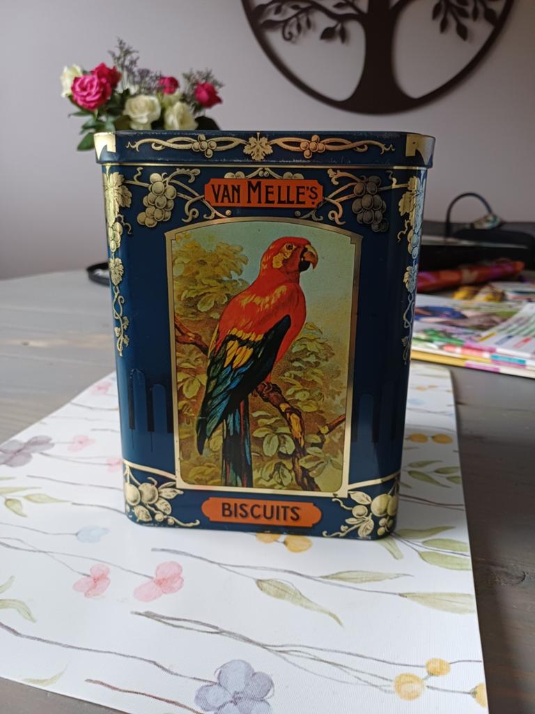 Vintage Van Melle's Biscuits Blik - Pauw & Papegaai, Verzamelen, Blikken, Ophalen of Verzenden