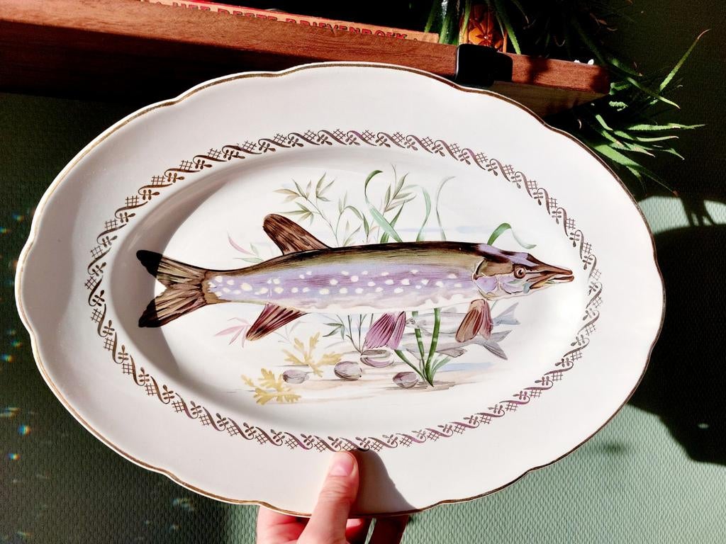 Prachtige vintage porseleinen visschaal met snoek, Ophalen of Verzenden