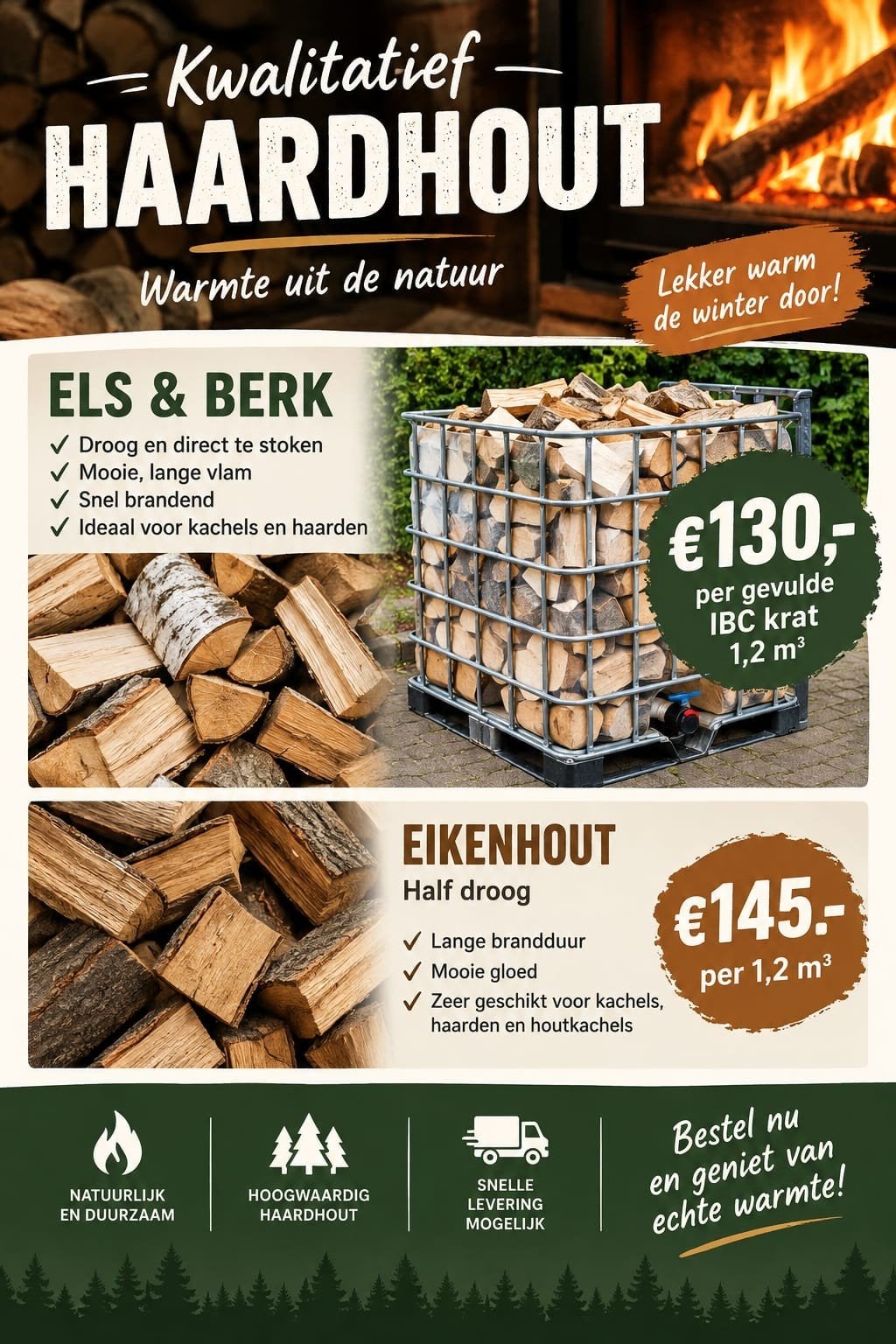 droog haardhout berk els 1.2 kuub per krat, 6 m³ of meer, Ophalen, Elzenhout, Blokken