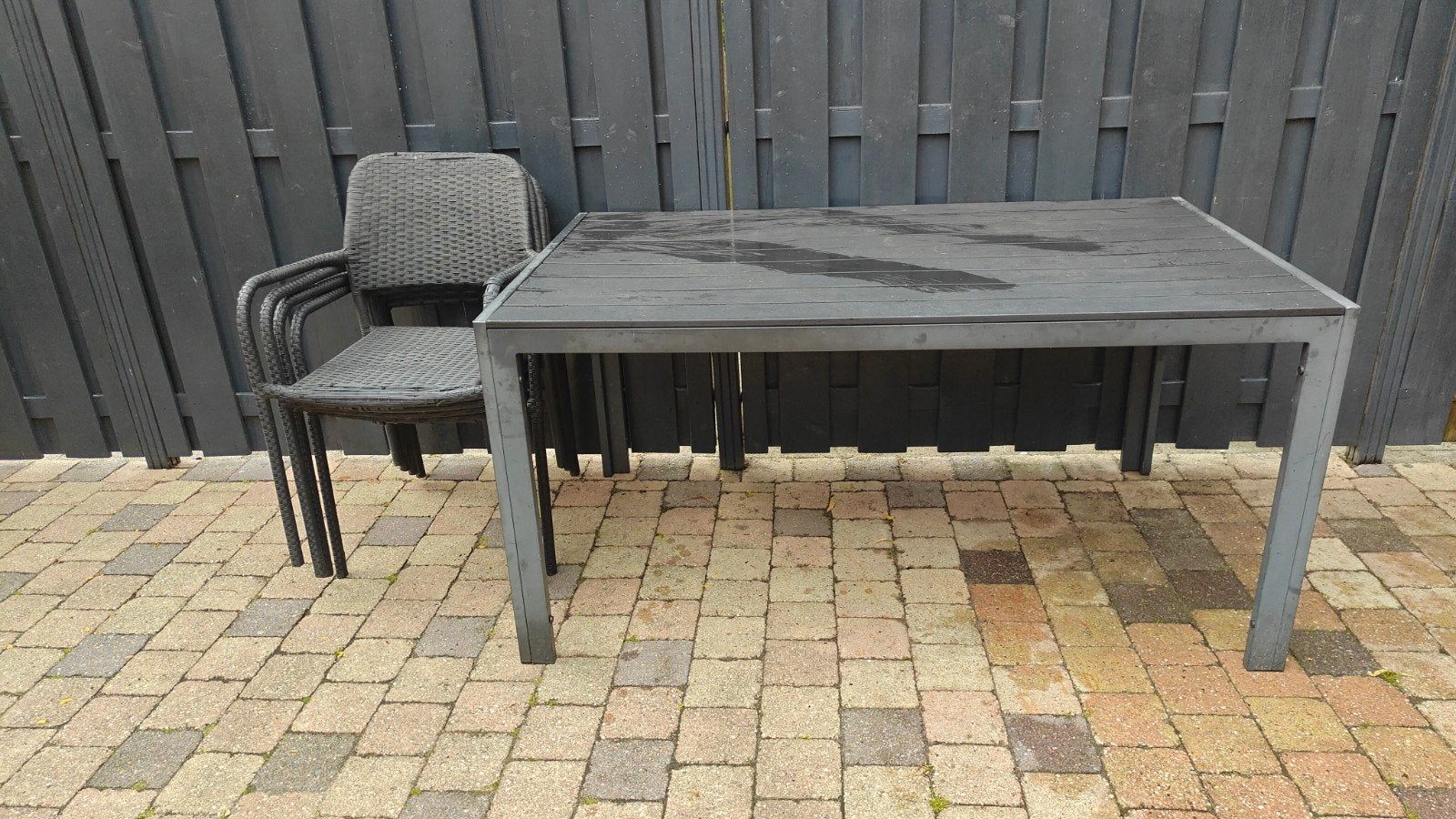 Tuinset: Tafel met 4 stapelbare stoelen (merk Jutlandia), Tuin en Terras, Tuinstoelen, Ophalen, Gebruikt, Wicker, Stapelbaar