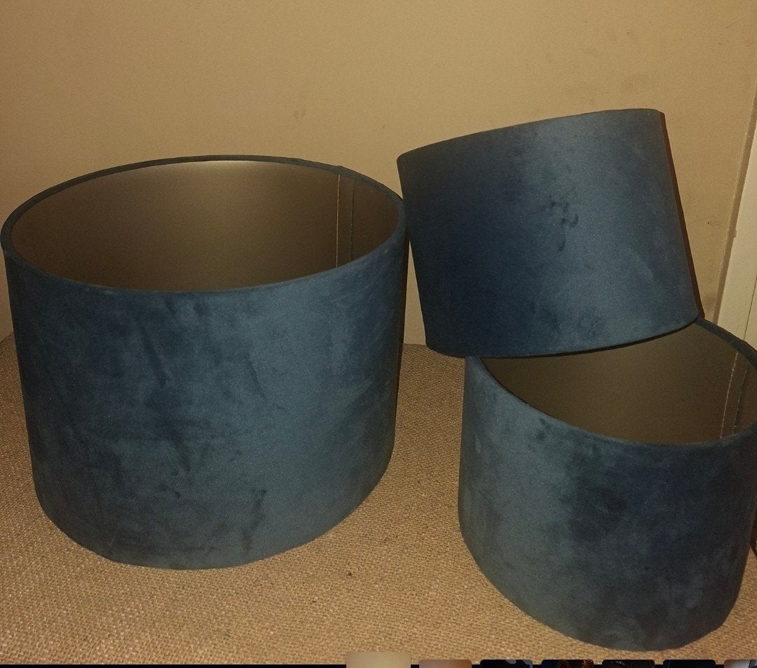 Set van 3 blauwe velours lampenkappen, Ophalen, Gebruikt, Blauw, Rond