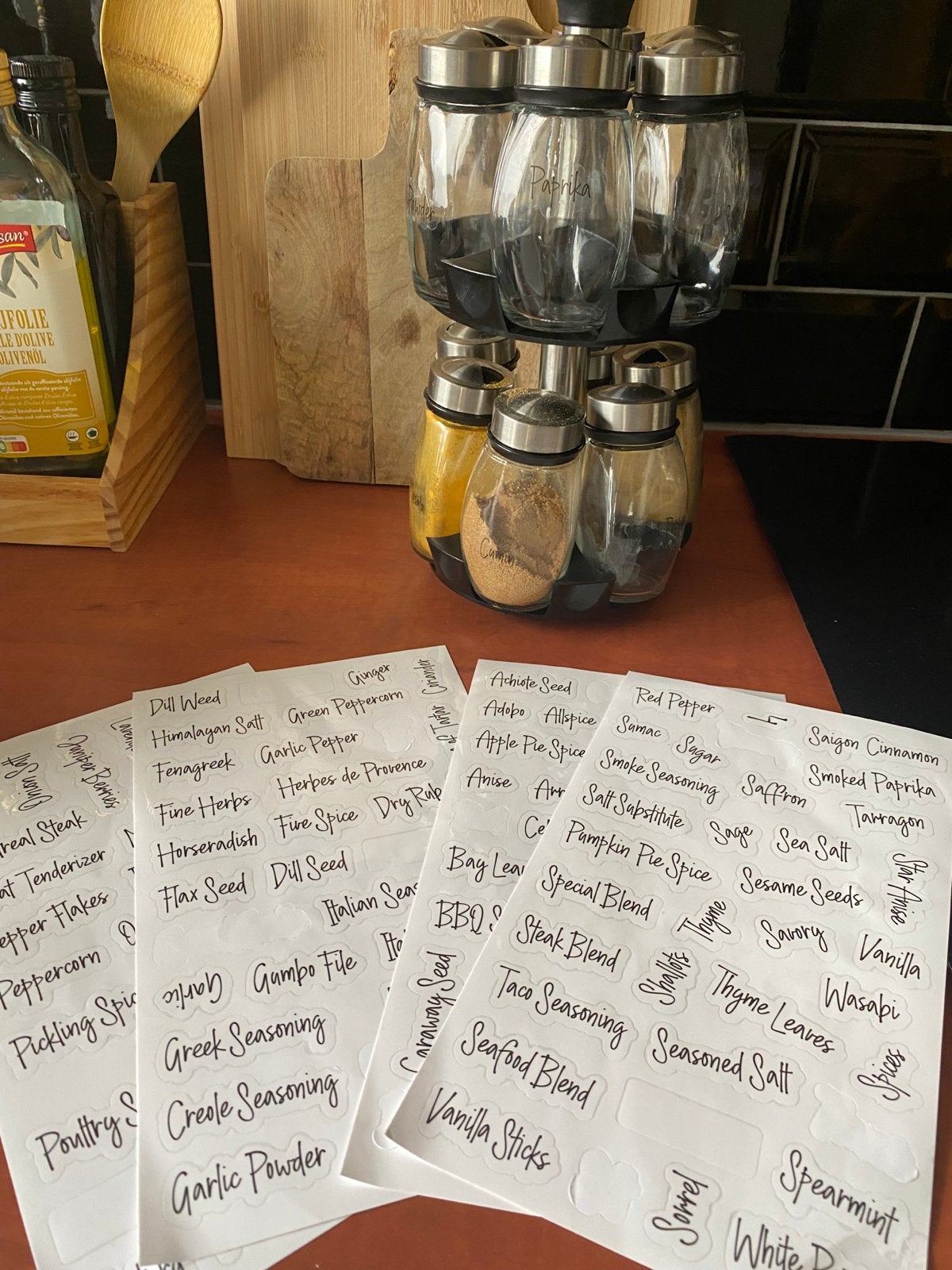 Kruidenpotjes met draaibaar rek en labels, Ophalen of Verzenden, Meerkleurig, Glas, Overige typen