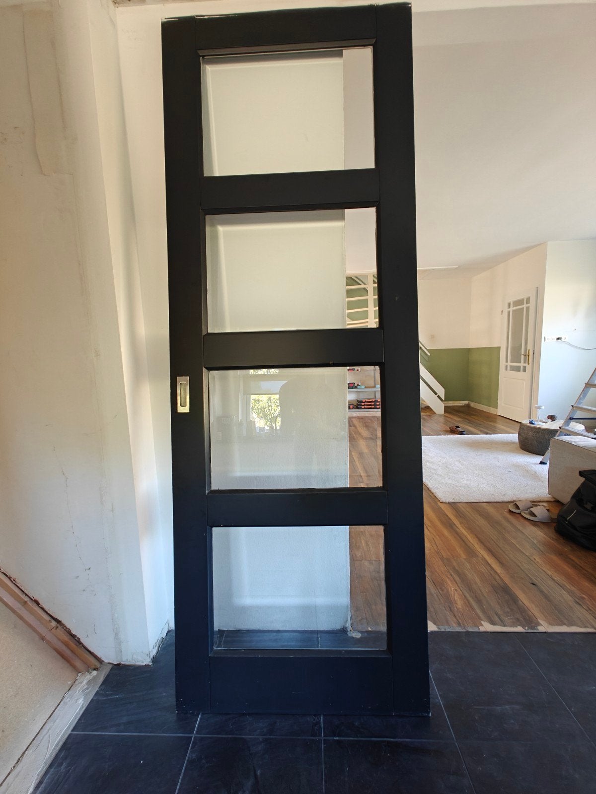 Houten schuifdeur met geslepen glas en ophangrail, Ophalen, Gebruikt, 80 tot 100 cm, 215 cm of meer