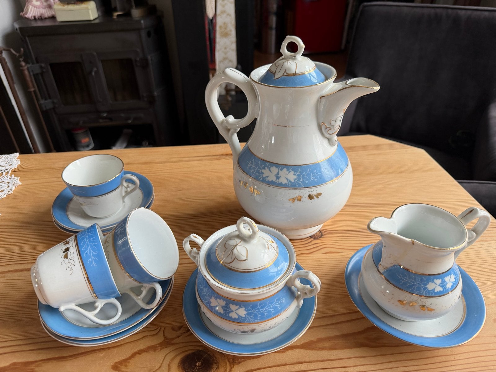 Vintage porseleinen koffieservies - Blauw en goud, Ophalen of Verzenden