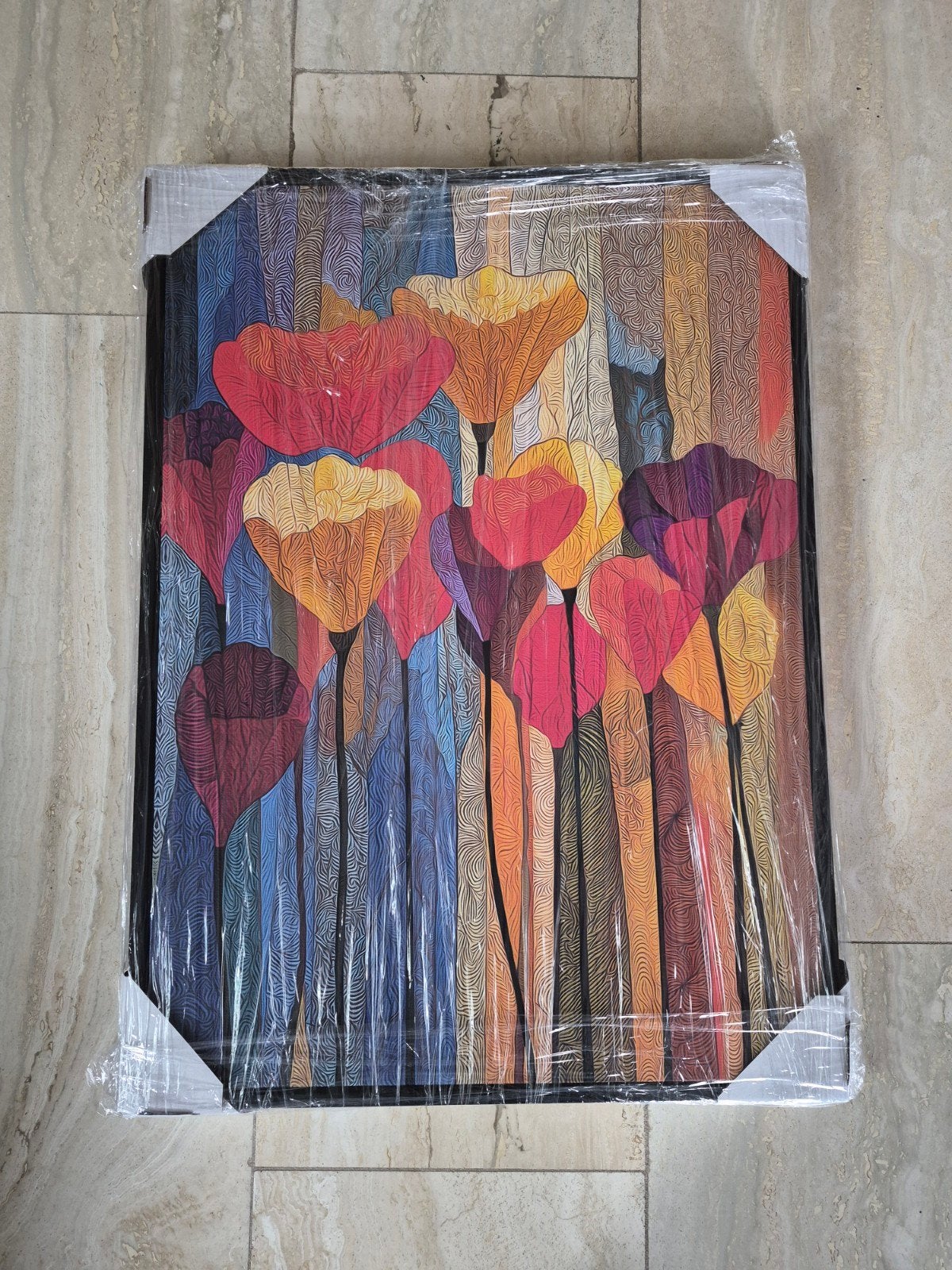 Modern Schilderij: 50x70 Kleurrijke Bloemen op Canvas, Antiek en Kunst, Ingelijst, Giclée, Ophalen of Verzenden, Bloemen