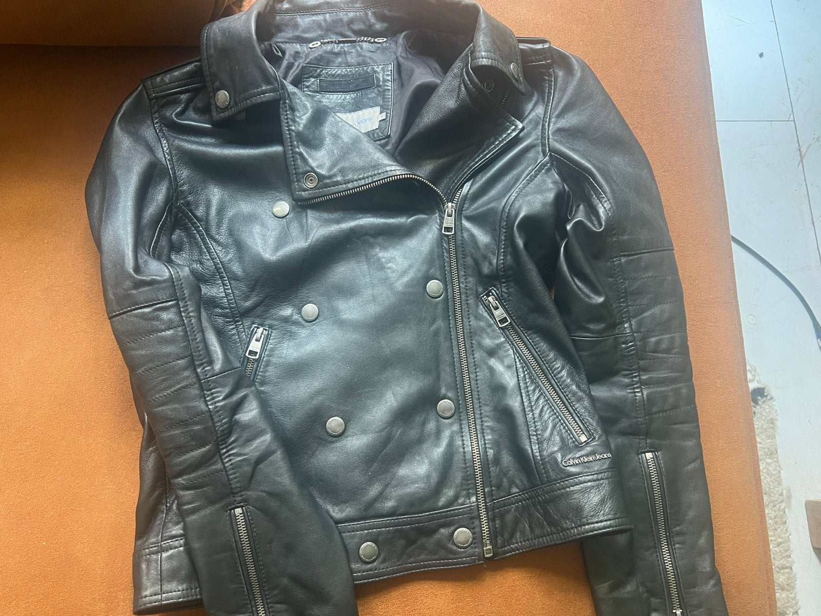 Calvin Klein Leren Damesjack - Double Breasted - Maat S, Ophalen of Verzenden, Gedragen, Maat 36 (S), Zwart