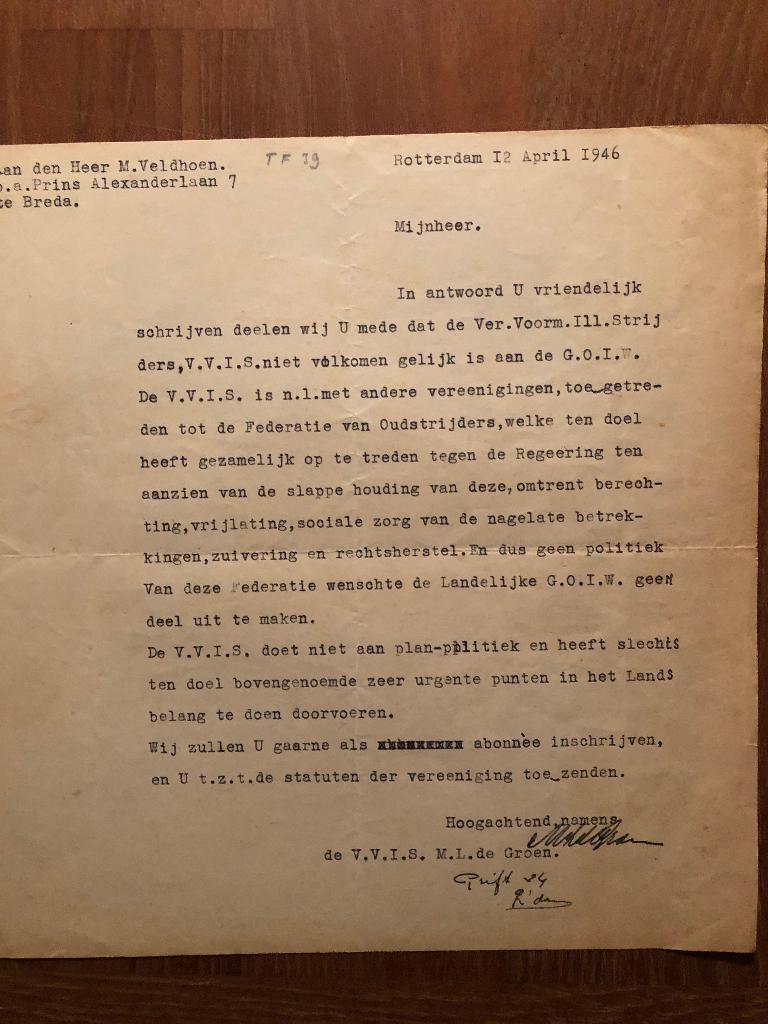 Geen eenheid in exverzet. Brief van 12 April 1946 van, Verzenden, Overige onderwerpen, Tweede Wereldoorlog, Gelezen