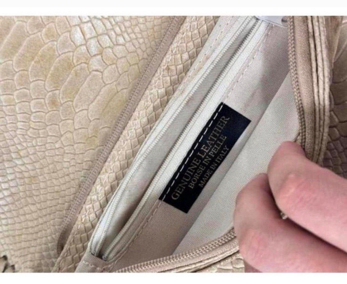 BORSE IN PELLE Italiaanse leren handtas slangenleer ketting, P, Schoudertasje, Beige, P