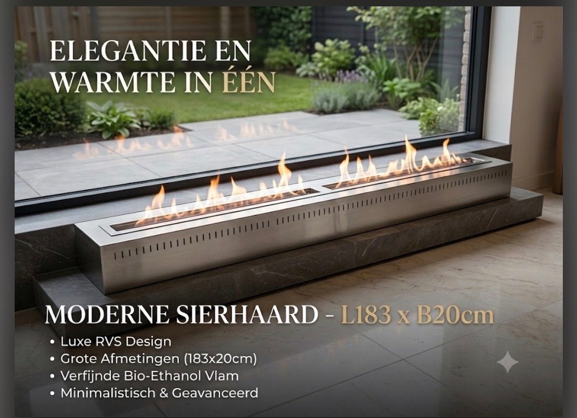 Moderne RVS Bio-Ethanol Haard - L183 x B20cm, Huis en Inrichting, Ophalen, Zo goed als nieuw, Inbouwhaard, Overige soorten