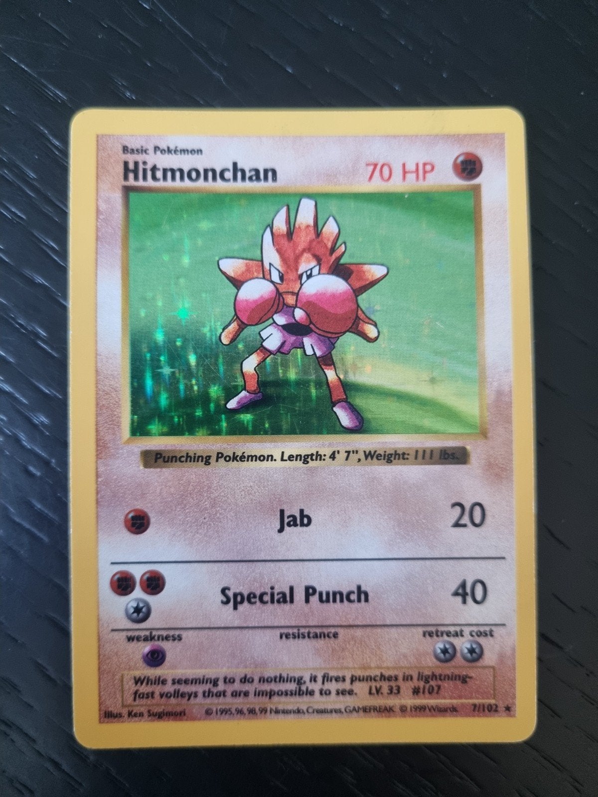 HITMONCHAN 7/102 RARE * HOLO BASE SET SHADOWLESS ! € 70, Ophalen of Verzenden, Gebruikt, Losse kaart, Foil