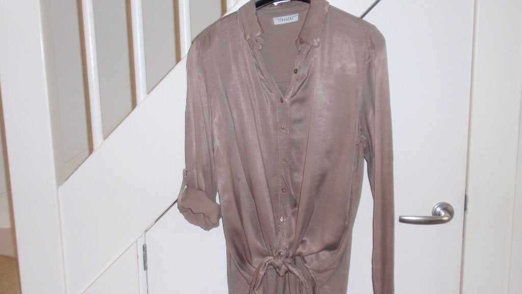 zgan Dames blouse TRANSFER mt Large viscose bruin, Bruin, Maat 42/44 (L), Ophalen of Verzenden, Zo goed als nieuw