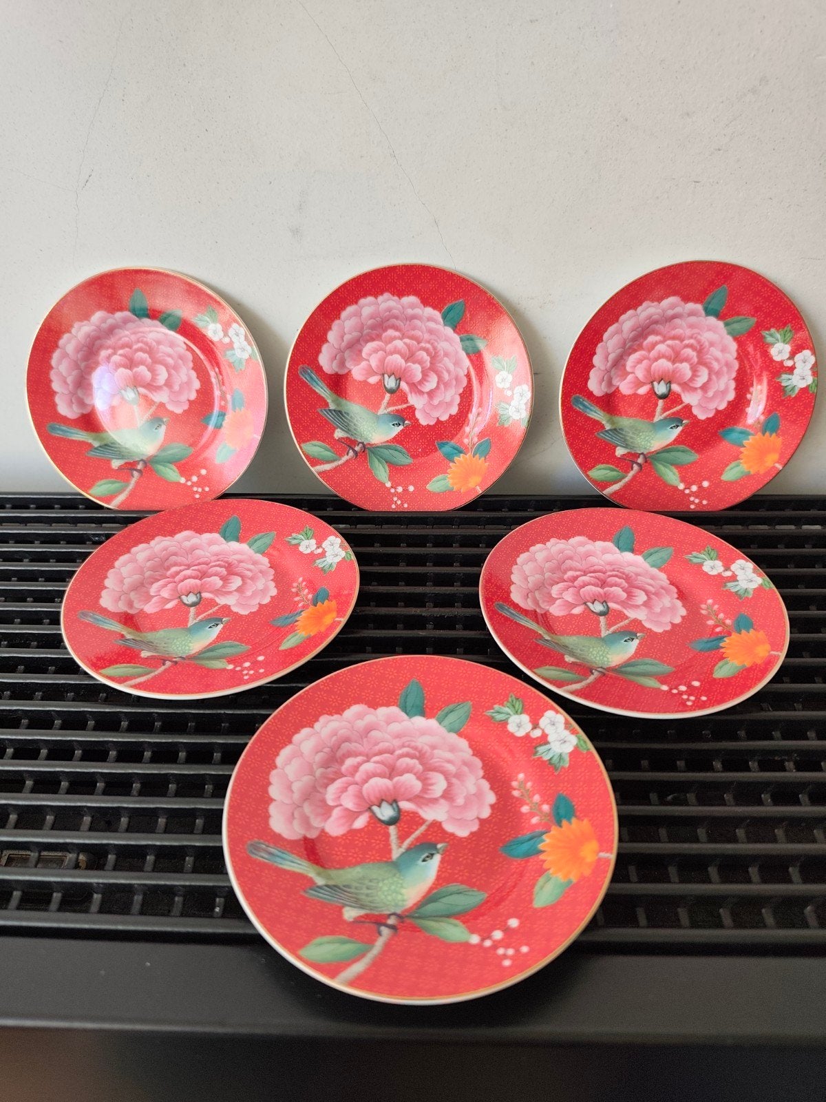 Pip Studio 6x Blushing Birds Red petit four schaaltje 12 cm, Pip Studio, Ophalen of Verzenden, Zo goed als nieuw, Bord(en)