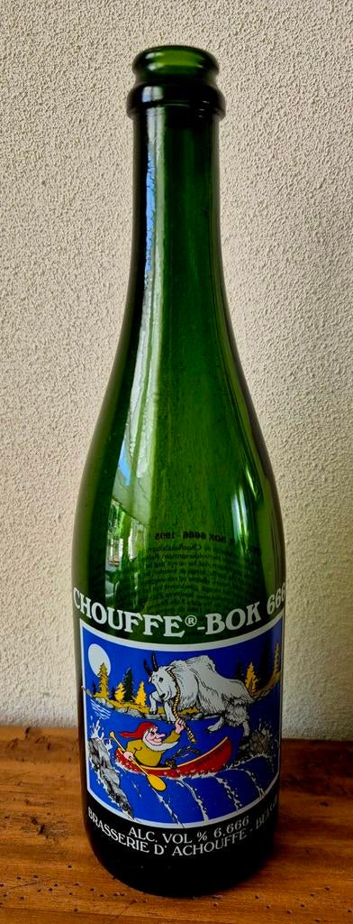 Te koop lege 0,75 ltr Chouffe-BOK 6666 fles bier uit 1995, Ophalen of Verzenden, Zo goed als nieuw, Flesje(s), Overige merken