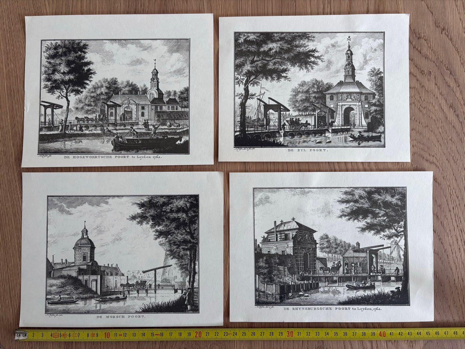 4 steendrukken van de Leidse poorten, Antiek en Kunst, Stadsgezicht, Ophalen of Verzenden, Gravure, Origineel