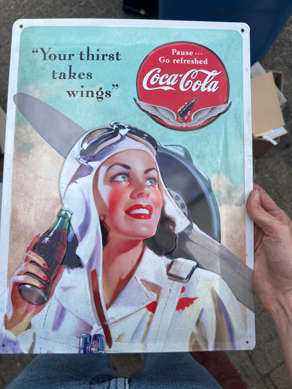 Vintage Coca-Cola Reclamebord "Your thirst takes wings", Ophalen, Zo goed als nieuw, Reclamebord