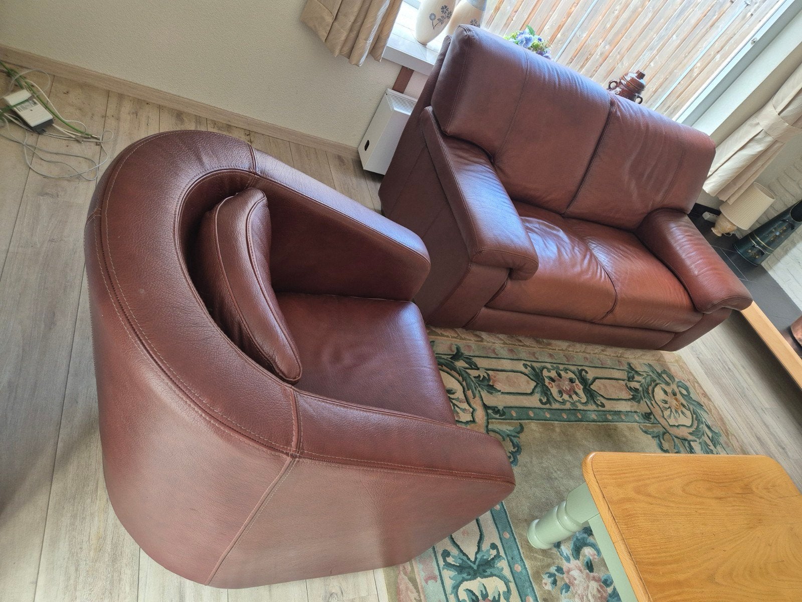 Leren fauteuil en tweepersoonsbank - Bordeauxrood, Ophalen, Gebruikt, Eenpersoons, Klassiek