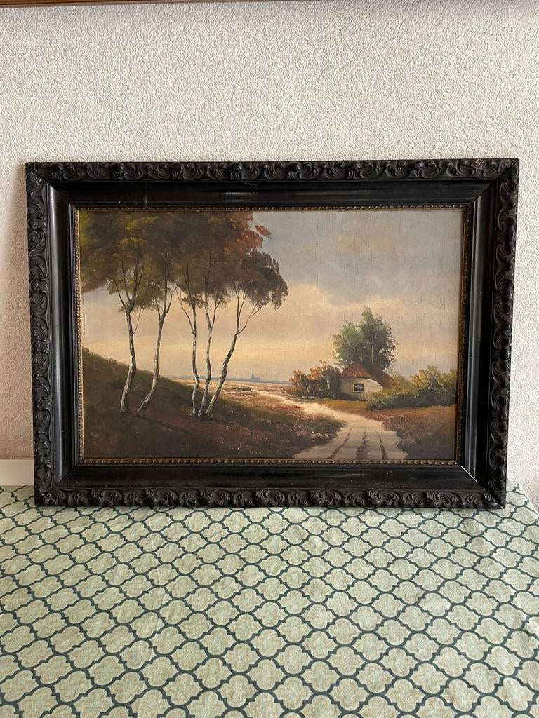 Antiek schilderij platteland met huisje, Antiek en Kunst, Ophalen of Verzenden