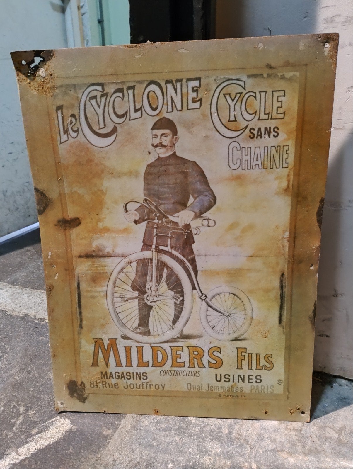Vintage Emaille Bord "Le Cyclone Cycle Sans Chaine" Milders, Ophalen