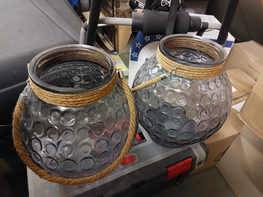 2 Glazen Lantaarns met Touw - 29cm Hoog, 26cm Doorsnede, Ophalen, Glas, Grijs, Landelijk