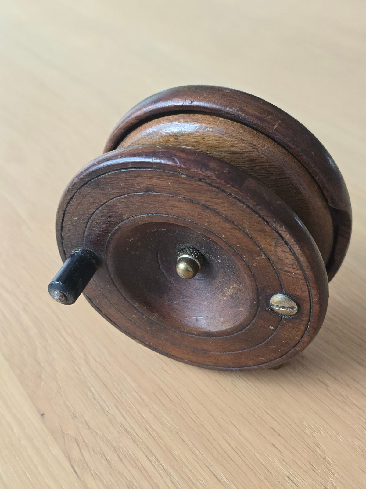 antieke houten en messingen visreel (molen) 19e eeuw €49, Ophalen of Verzenden