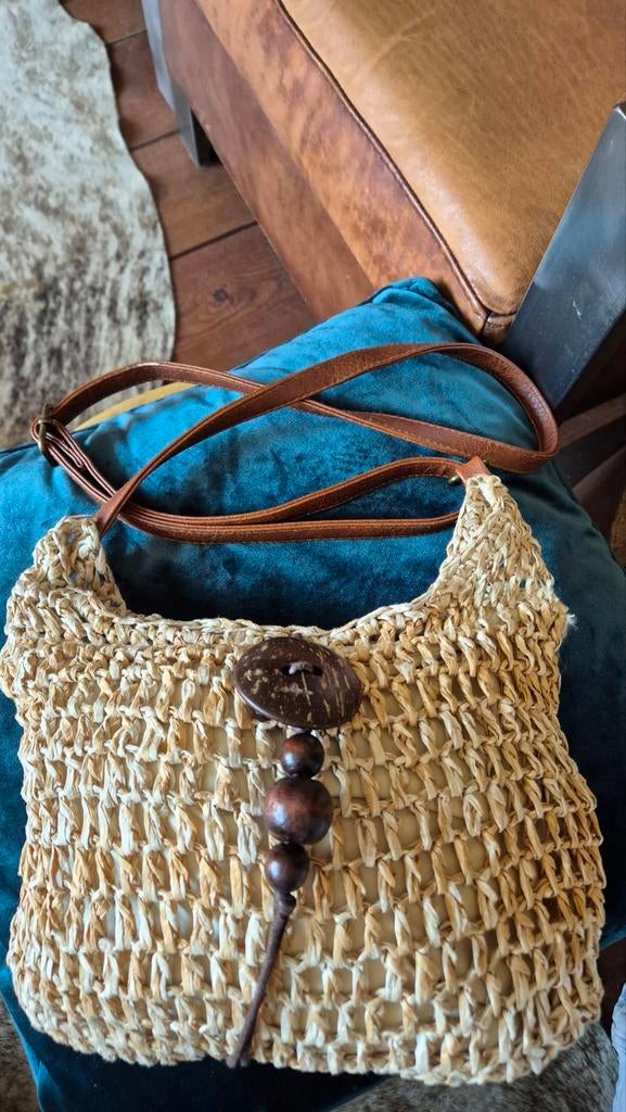 Papieren tas met lederen schouderband mooie staat, Ophalen of Verzenden, Zo goed als nieuw, Bruin, Schoudertasje