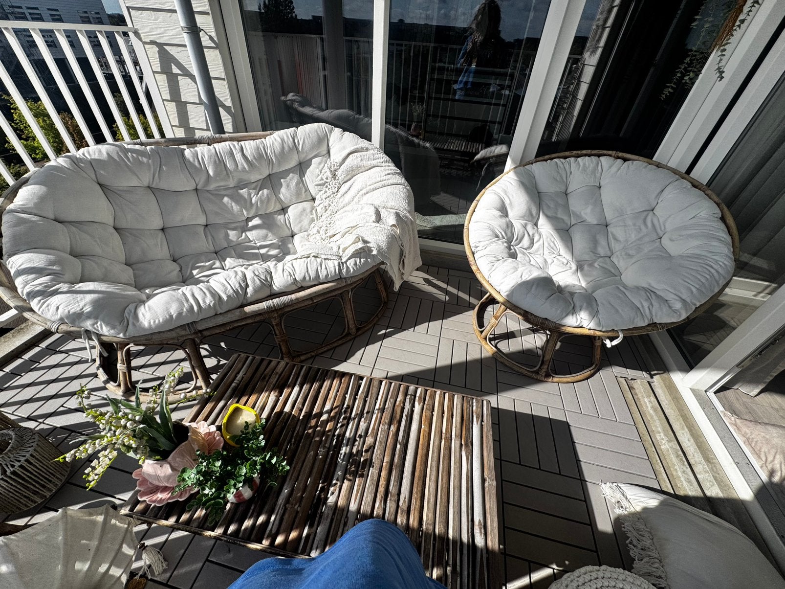 Comfortabele rotan stoel en bank met kussens, Tuin en Terras, Ophalen, Gebruikt