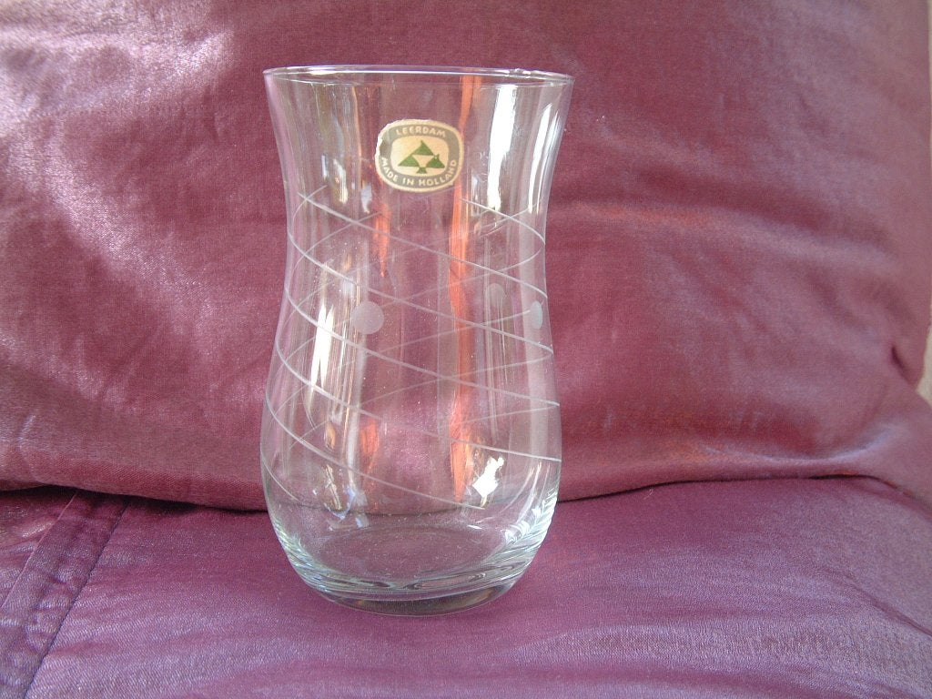 Oude gave leerdam vaas glas met geetste lijnen en rondjes, Ophalen of Verzenden