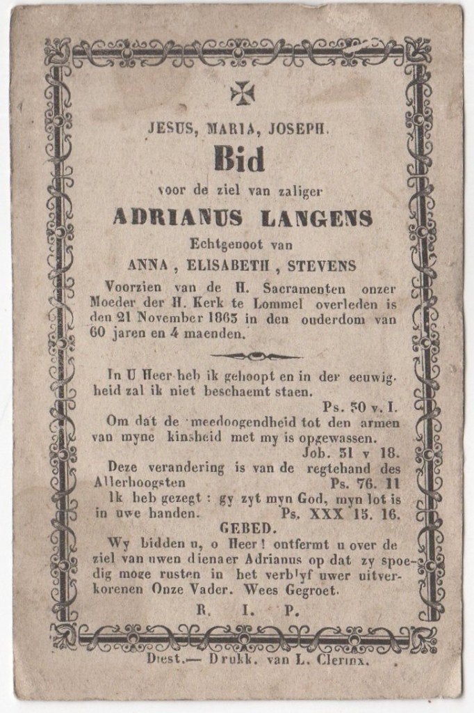 Adrianus Langens 1805 + 1865 Lommel (B), 60 jaar oud, Verzamelen, Verzenden
