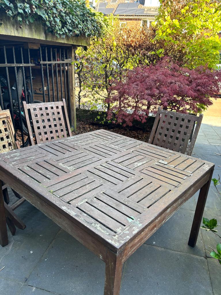 Tuinset teak met 4 stoelen, Tuin en Terras, Ophalen, 4 zitplaatsen, Gebruikt, Teakhout