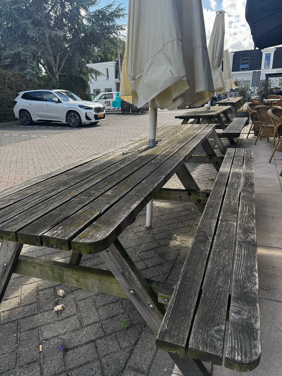 Robuuste houten picknicktafel met banken 6 stuks, Ophalen, Gebruikt, Rechthoekig, Hout