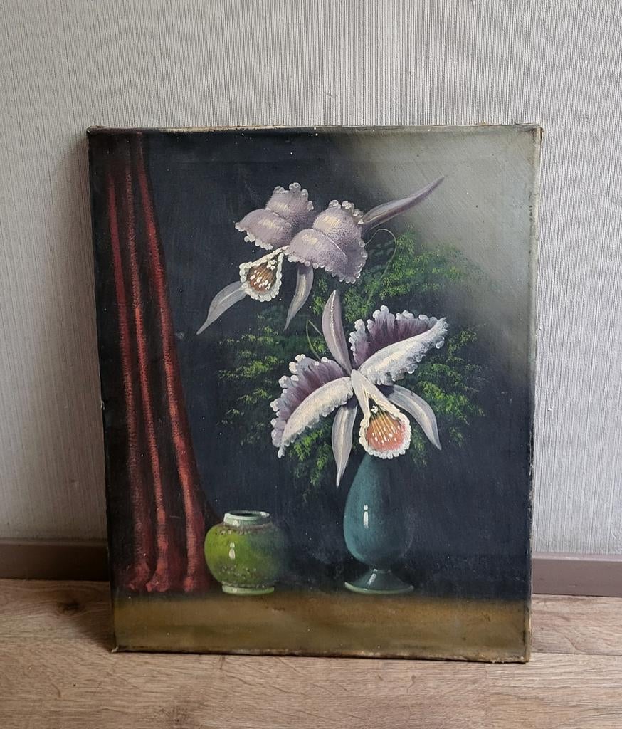 Oud stilleven op linnen - vaas met orchideeën, Antiek en Kunst, Kunst | Schilderijen | Klassiek, Ophalen