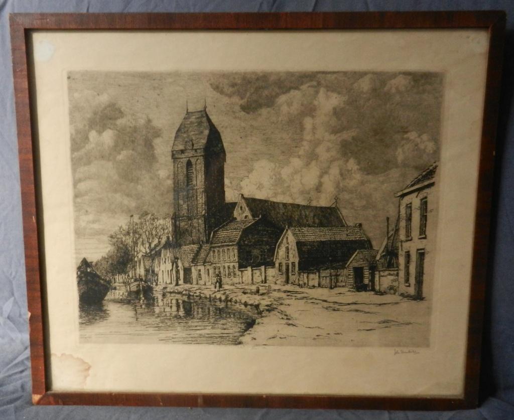 Ets Kerk aan het water (Oudewater?) Joh. Hendriks 24,4x32,8, Ets, Stadsgezicht, Ophalen of Verzenden, 32 cm