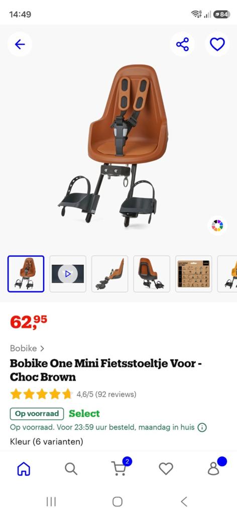 Bobike One Mini Fietsstoeltje Voor - Choc Brown, Ophalen, Voetsteuntjes, Voorzitje, Zo goed als nieuw