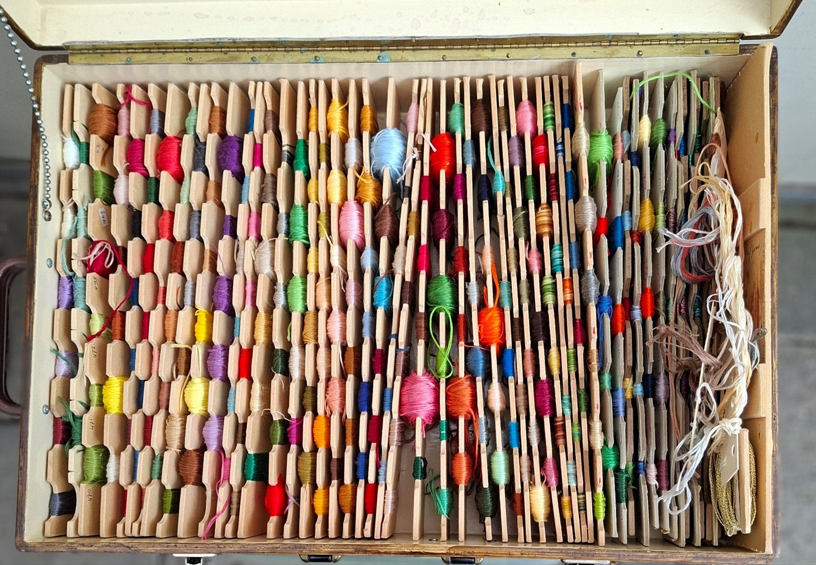 Borduurzijde in houten kist, Ophalen of Verzenden, Knoop of Knopen