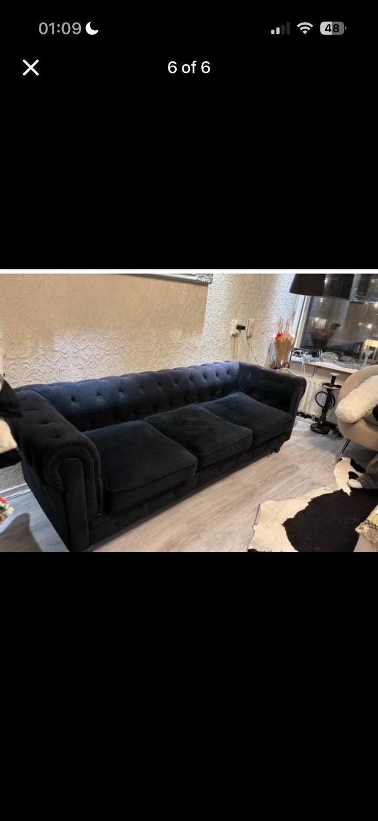 Luxe Chesterfield bank – zwart/velours – 3 zits, Ophalen of Verzenden, Zo goed als nieuw, Stof