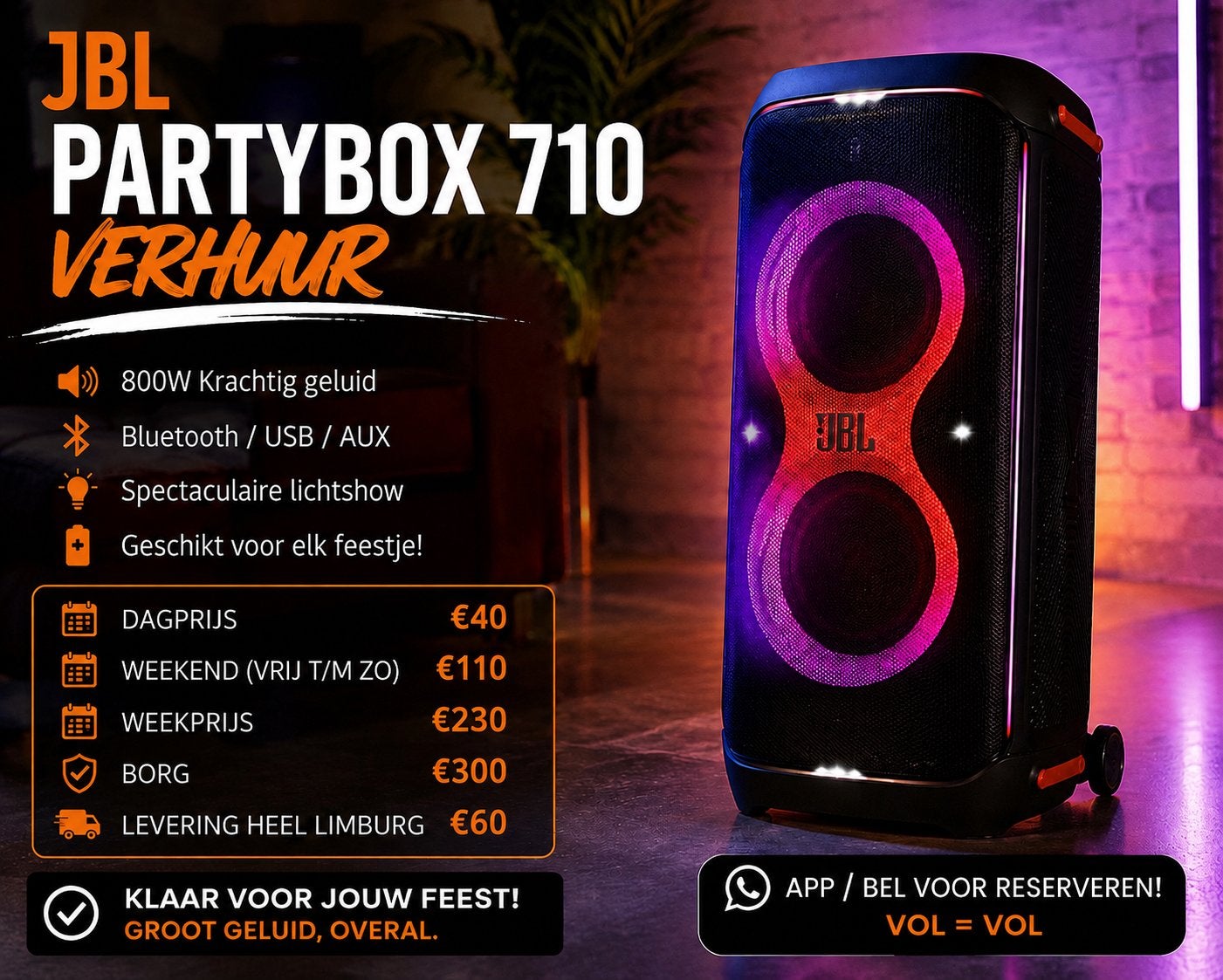 Jbl Partybox 710 verhuur, Ophalen of Verzenden, Nieuw, JBL