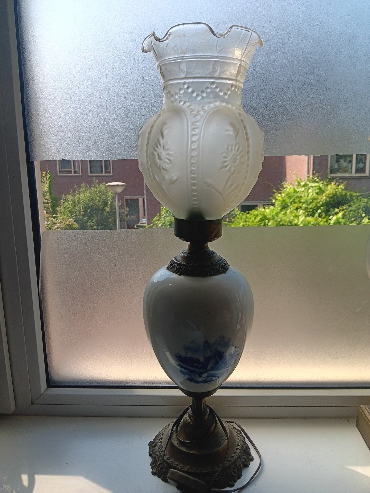 Antieke olielamp met Delfts Blauw decor, Antiek en Kunst, Ophalen of Verzenden