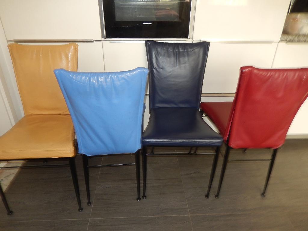 4x eetkamer stoel 100% leer stevig metaal frame prima staat, Ophalen, Gebruikt, Blauw, Vier