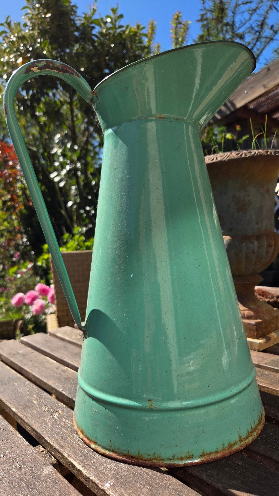 Oude Franse emaille water kan in een aparte kleur groen, Antiek en Kunst, Ophalen