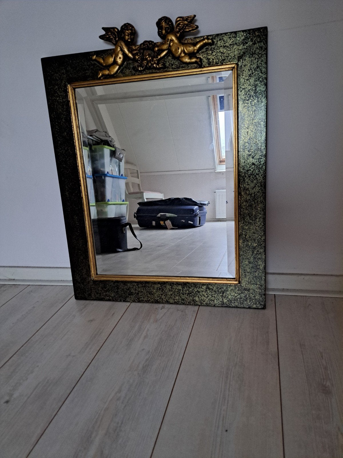 Antieke spiegel met engeltjes - Goud en Zwart, Ophalen of Verzenden
