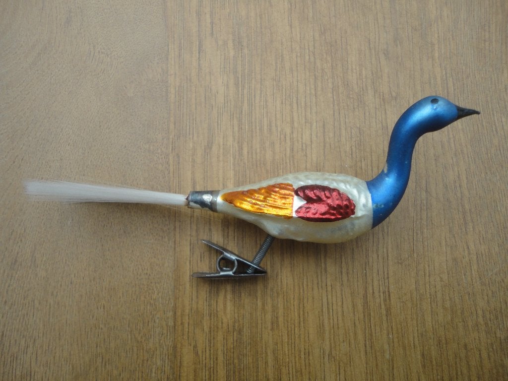 Mooie oude glazen kerstbal vogel (pauw) op clip / knijper, Diversen, Kerst, Ophalen of Verzenden, Gebruikt