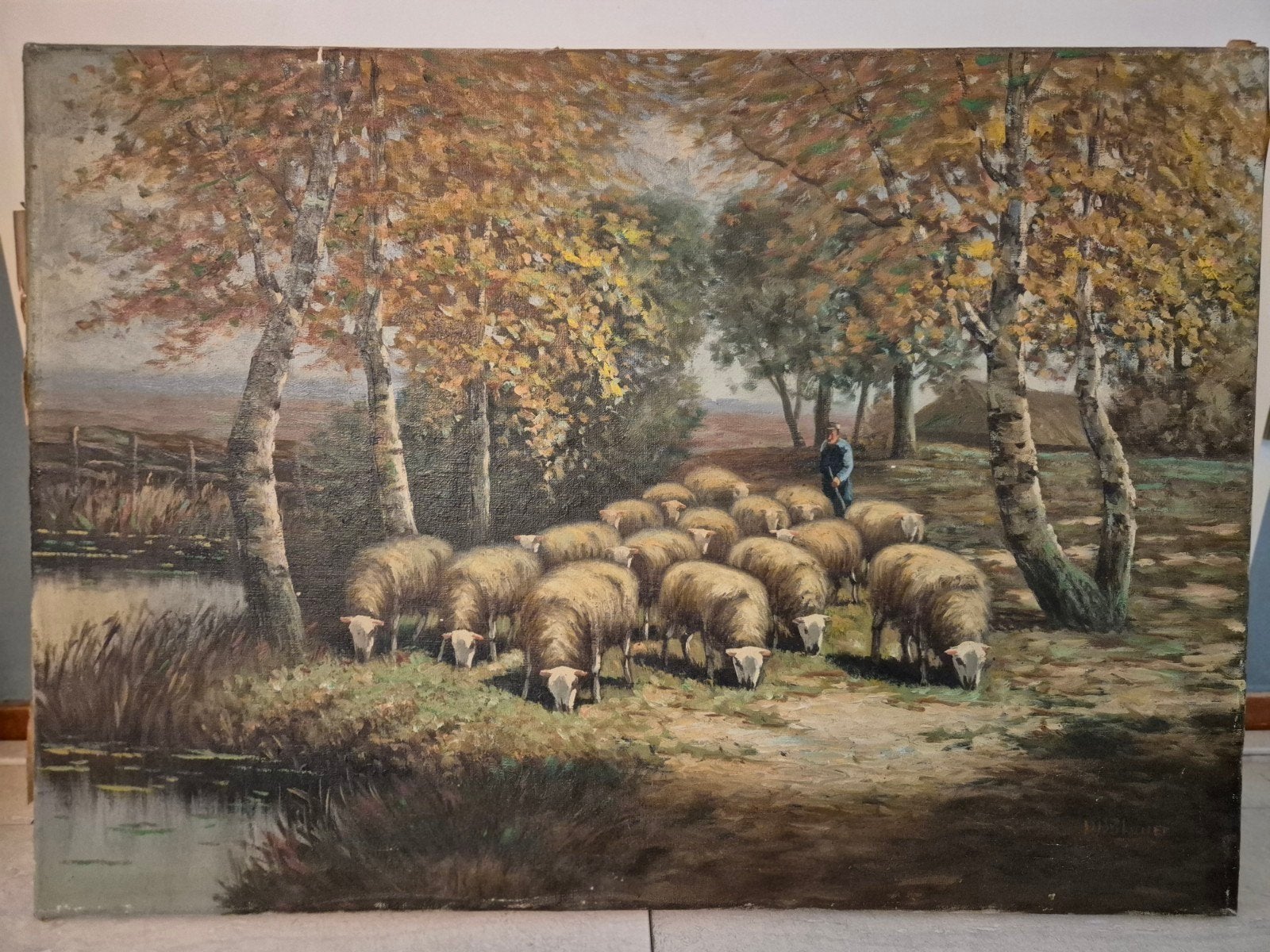 Mooi schilderij van D.B. Sluiter – Schaapskudde., Ophalen of Verzenden