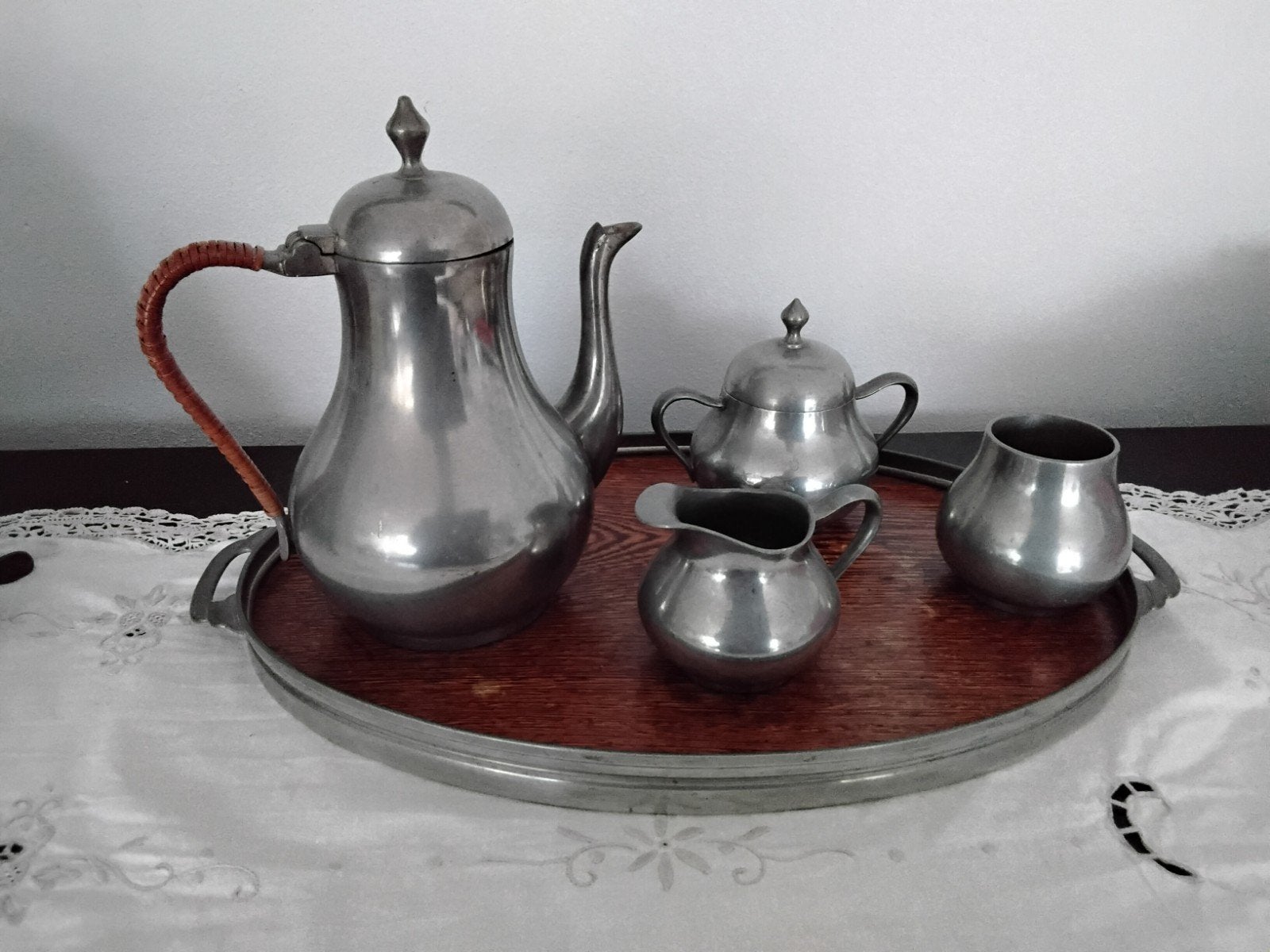 Vintage tinnen theeservies met dienblad, Antiek en Kunst, Ophalen of Verzenden