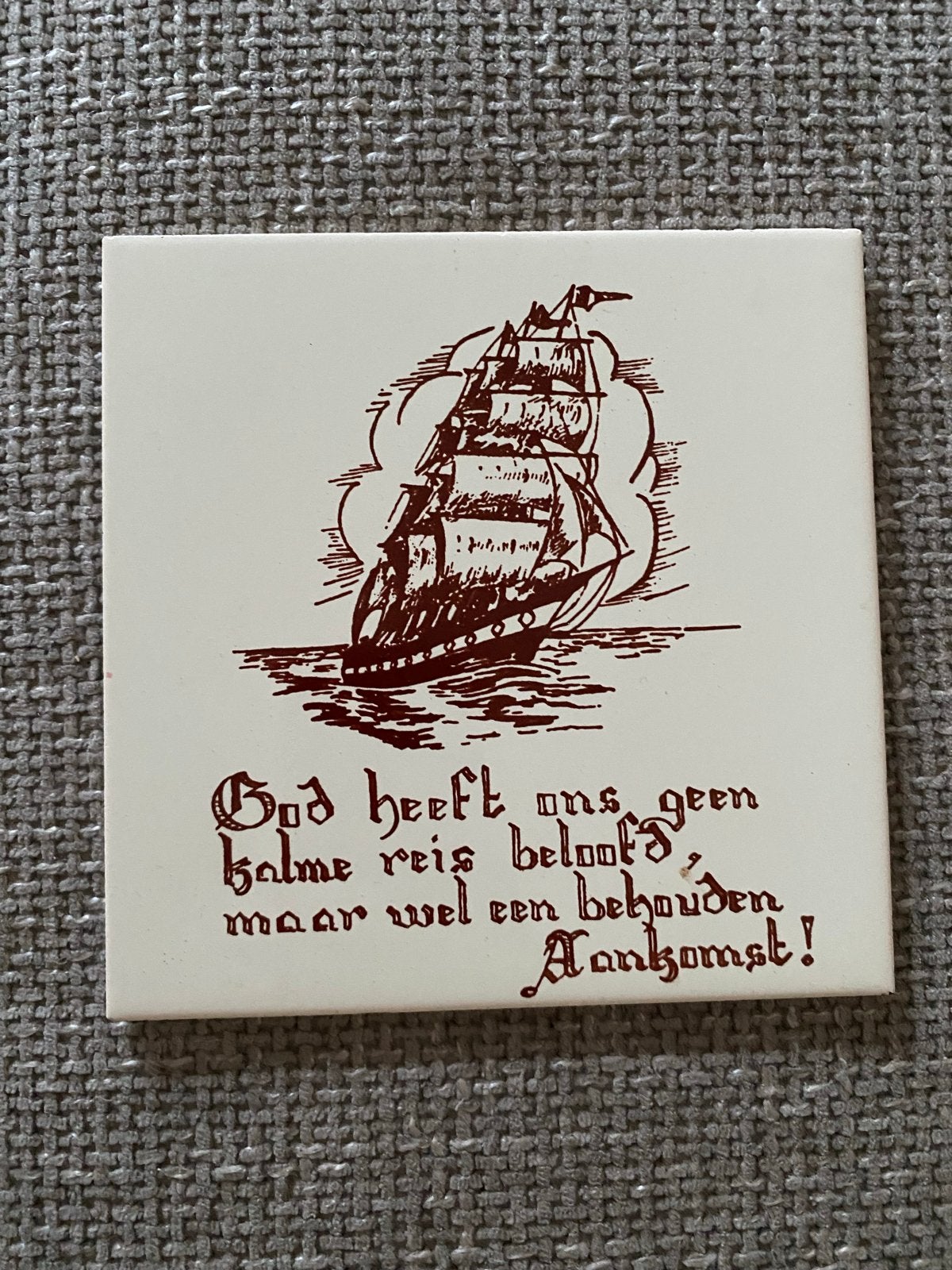 Vintage Mosa Tegel God Schip en religieuze Tekst, Antiek en Kunst, Ophalen of Verzenden