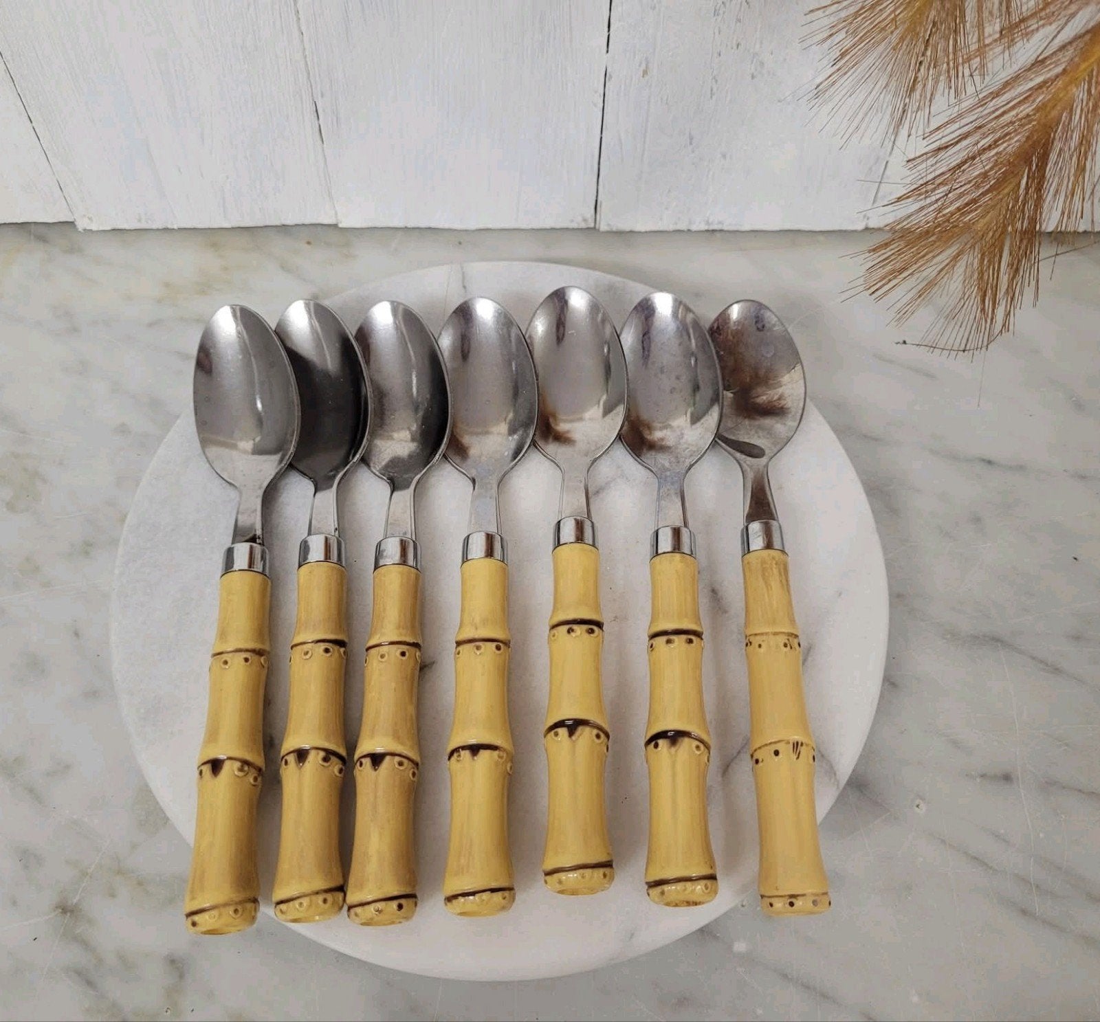 Set Inox bamboe lepels, Verzenden, Zo goed als nieuw, Rvs of Chroom