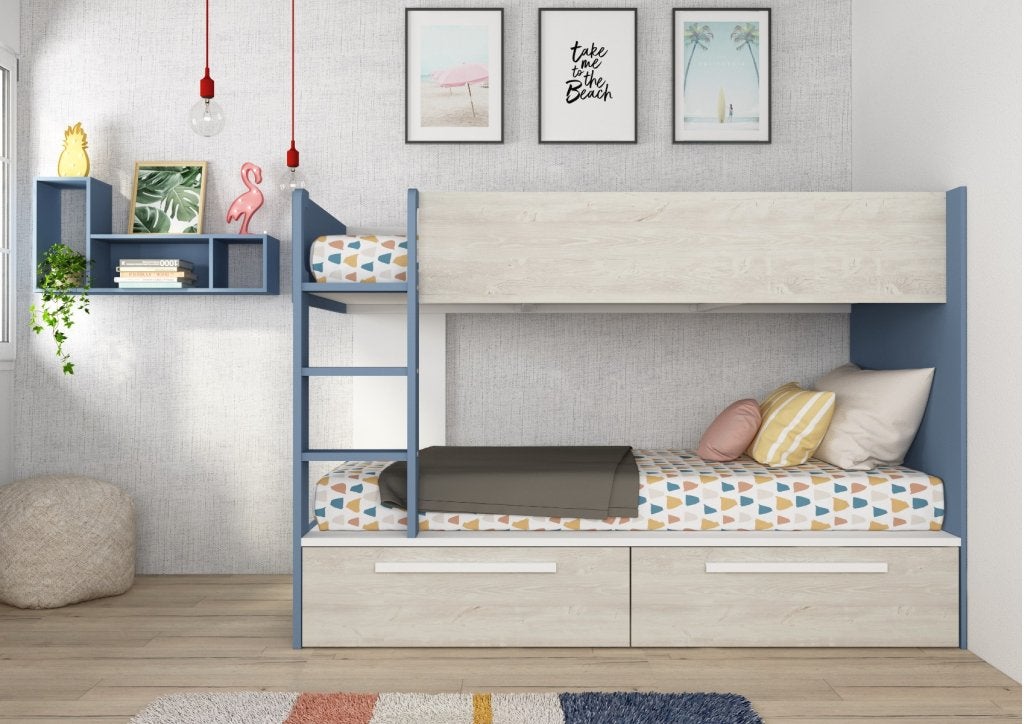 Jules stapelbed met twee lades - 90x200 - Blauw, Niet ingevuld, Niet ingevuld, Niet ingevuld