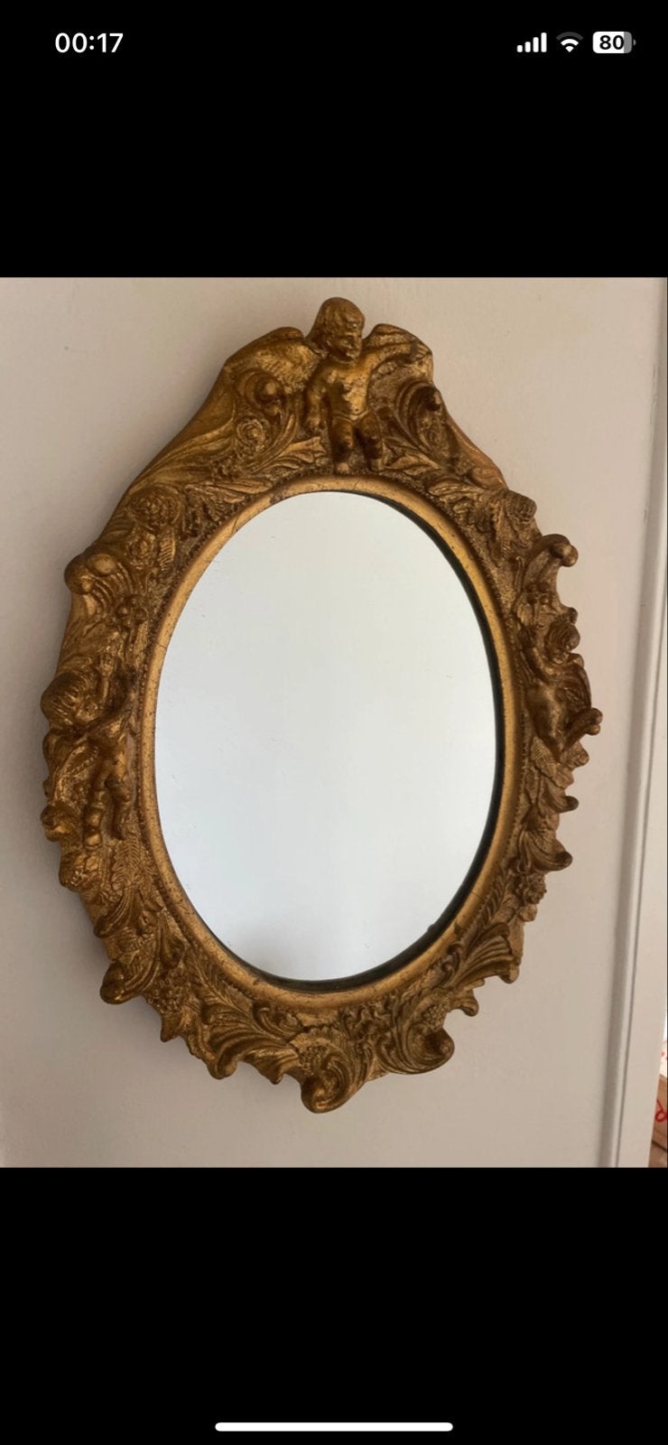 Vintage Gouden Spiegel met Engeltjes - Ovaal, Ophalen of Verzenden, Ovaal, 50 tot 100 cm, 100 tot 150 cm