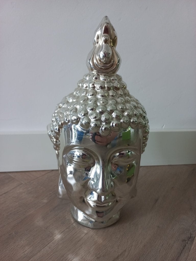 Prachtig Zilveren Boeddha Hoofd – Glanzend Decoratiebeeld, Ophalen of Verzenden, Gebruikt